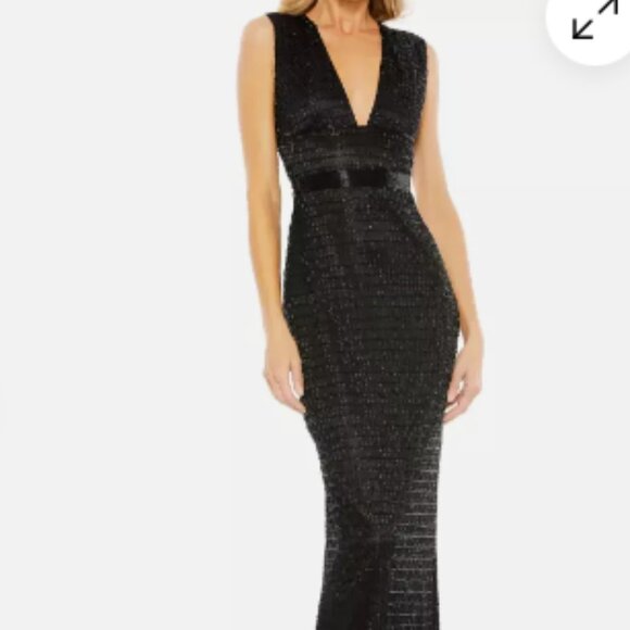 MAC DUGGAL 5625 BEADED CAP SLEEVE V-NECK BLACK COLUMN GOWN sz 4 - Picture 3 of 5